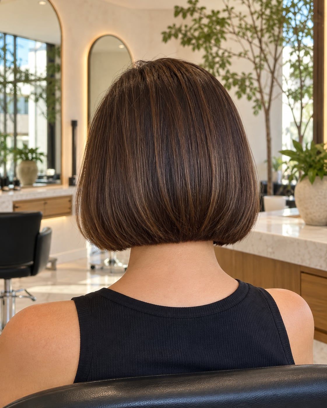 Imagem ilustrativa: nuca e costas de uma pessoa com corte chanel castanho e liso, sentada em uma poltrona de salão, com espelhos e plantas ao fundo.