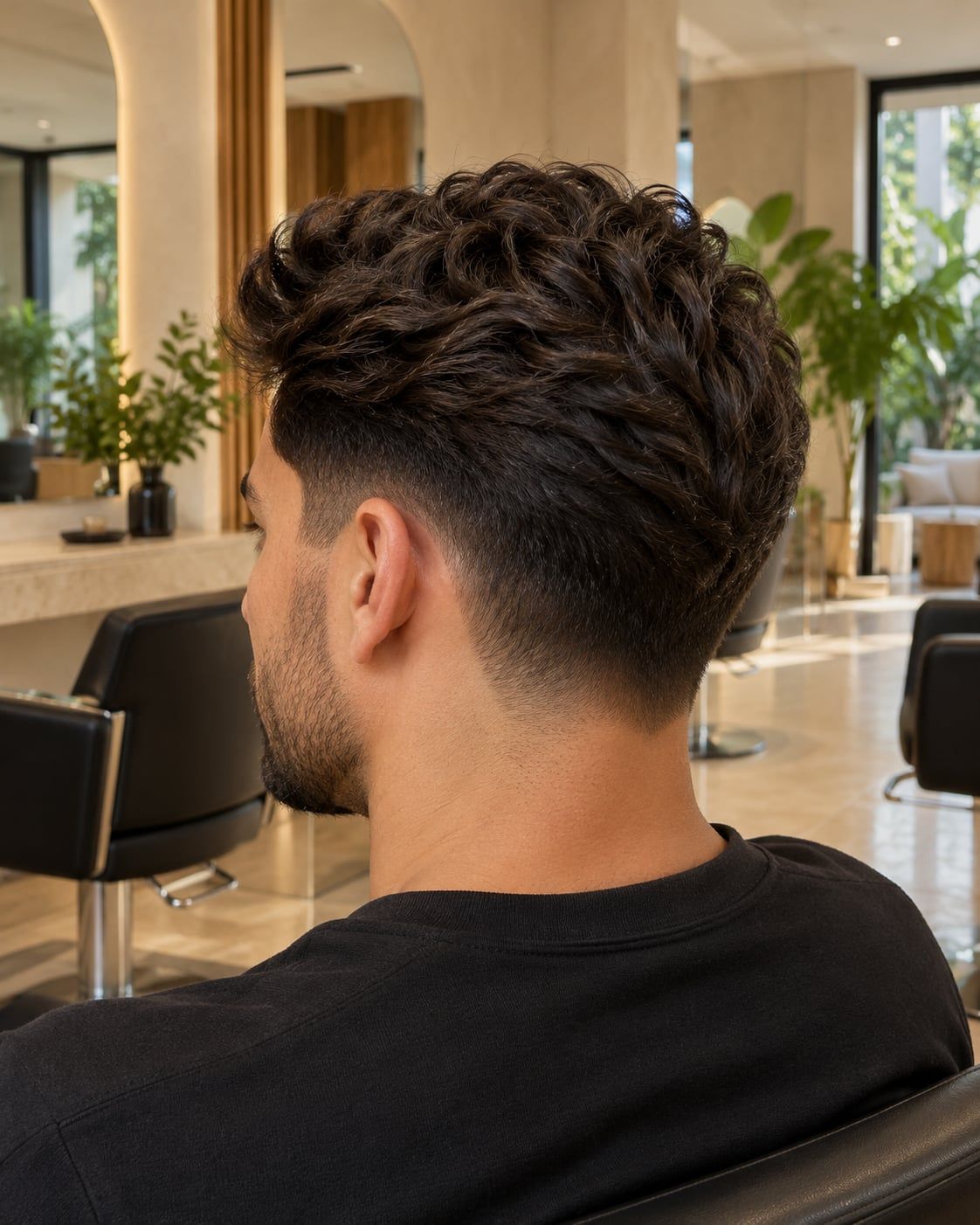 Imagem ilustrativa: nuca e lateral da cabeça de um homem com cabelo cacheado no topo e laterais degradê, barba curta, sentado em uma poltrona de salão.