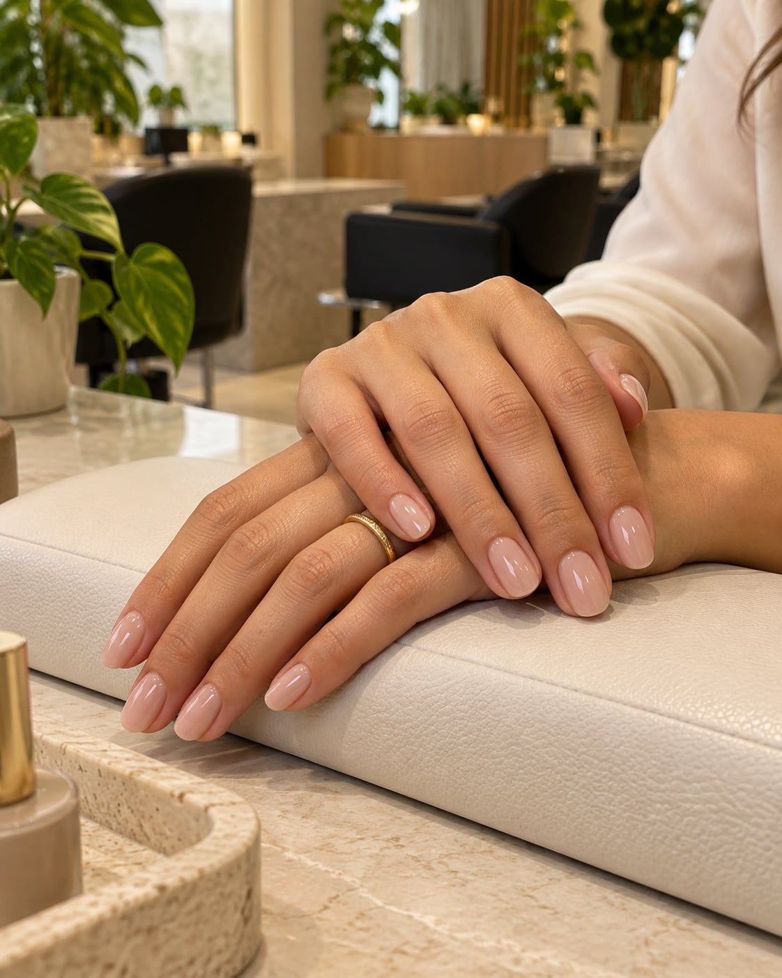 Imagem ilustrativa: mãos de mulher sobrepostas sobre uma almofada branca, com unhas curtas em esmalte rosa-claro e um anel dourado, sobre uma bancada de mármore.