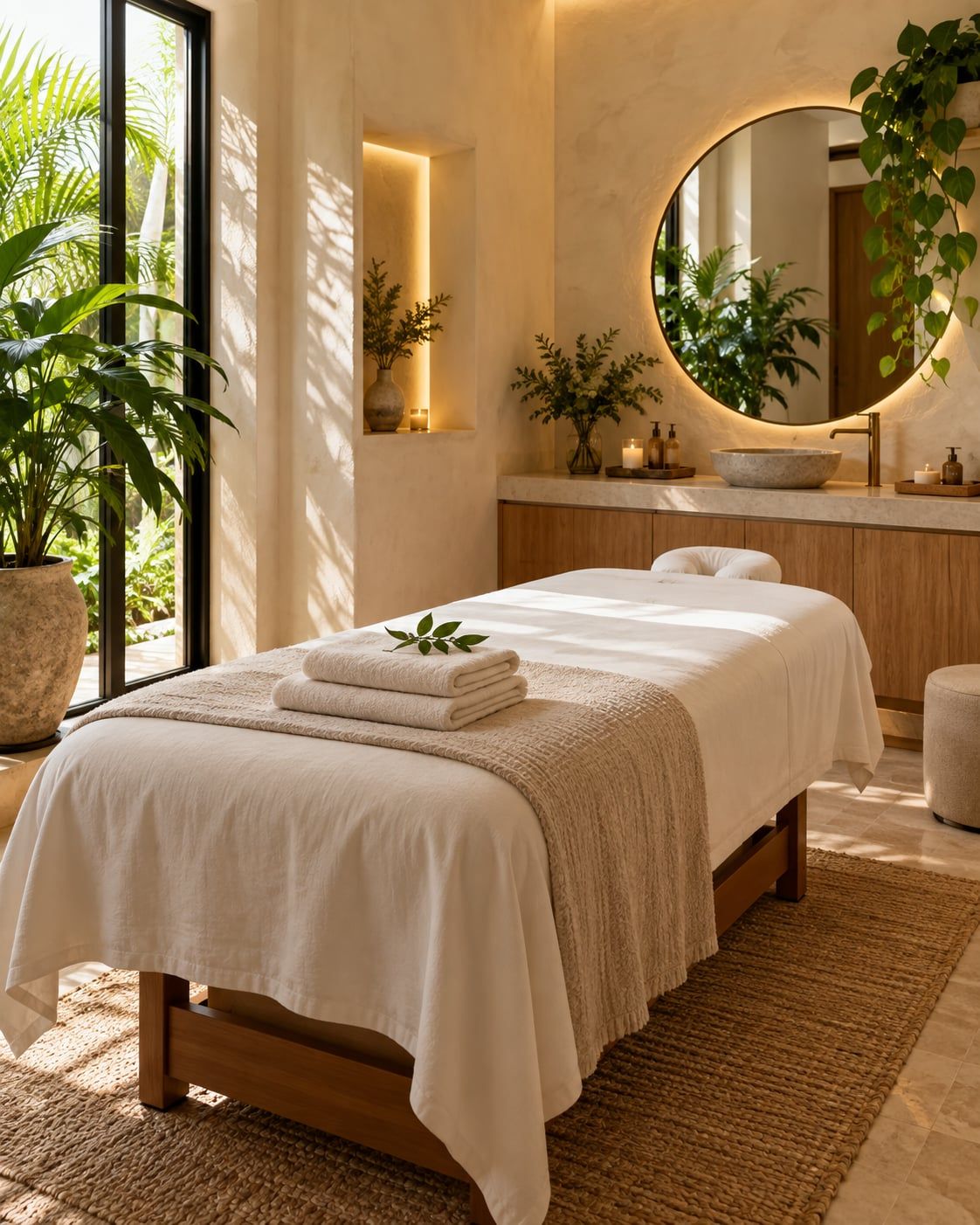 Imagem ilustrativa: sala de massagem com uma maca coberta por lençol branco e manta bege, toalhas dobradas com uma folha, espelho redondo iluminado, plantas e luz natural.